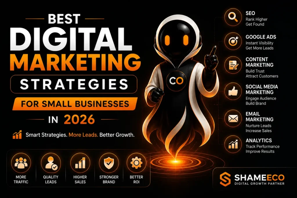 Best Digital Marketing Strategies for Small Businesses in 2026 including SEO, Google Ads, Content Marketing, Social Media Marketing, AI Marketing, and Analytics by Shameeco.